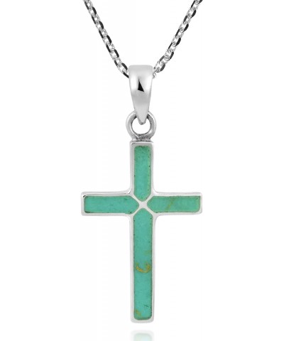 Cross of Faith Simulated Green Turquoise Inlaid .925 Sterling Silver Pendant Necklace | Cross Pendant Necklace | Turquoise Pe...