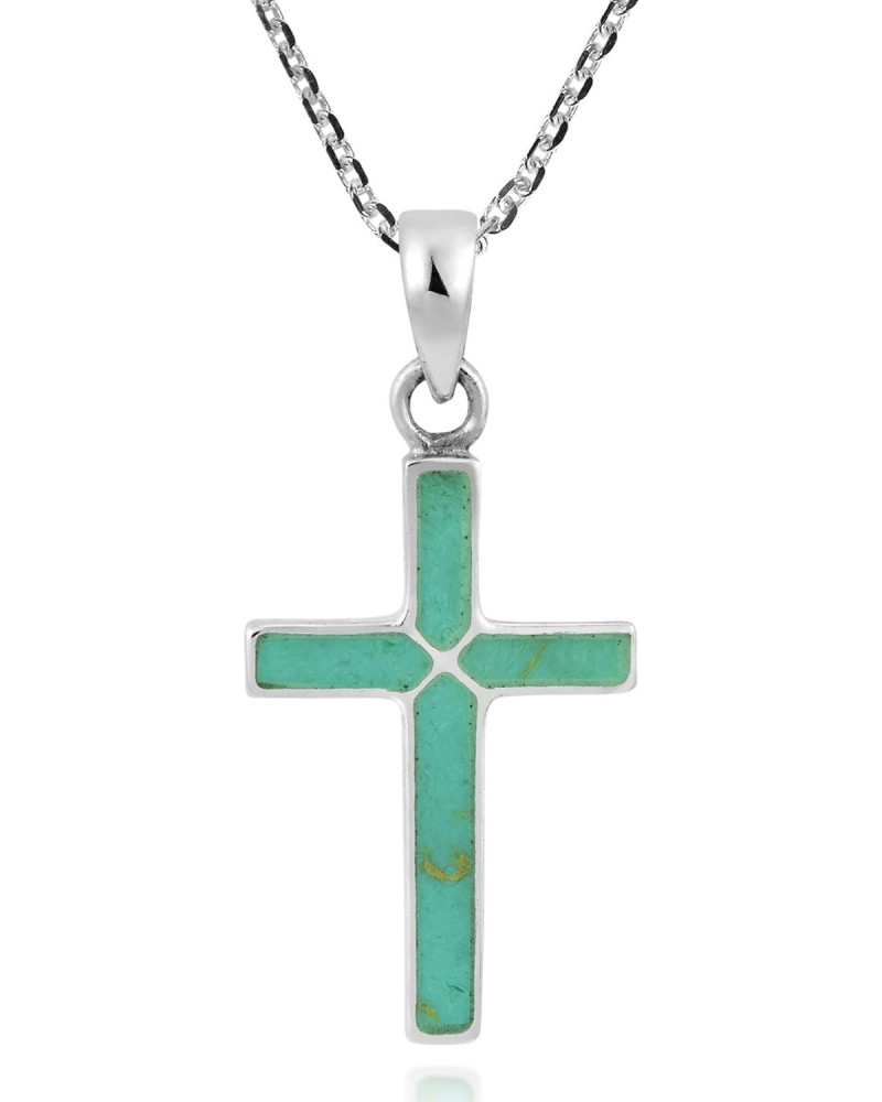 Cross of Faith Simulated Green Turquoise Inlaid .925 Sterling Silver Pendant Necklace | Cross Pendant Necklace | Turquoise Pe...