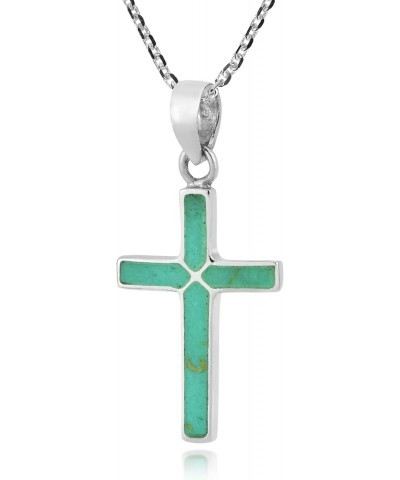 Cross of Faith Simulated Green Turquoise Inlaid .925 Sterling Silver Pendant Necklace | Cross Pendant Necklace | Turquoise Pe...