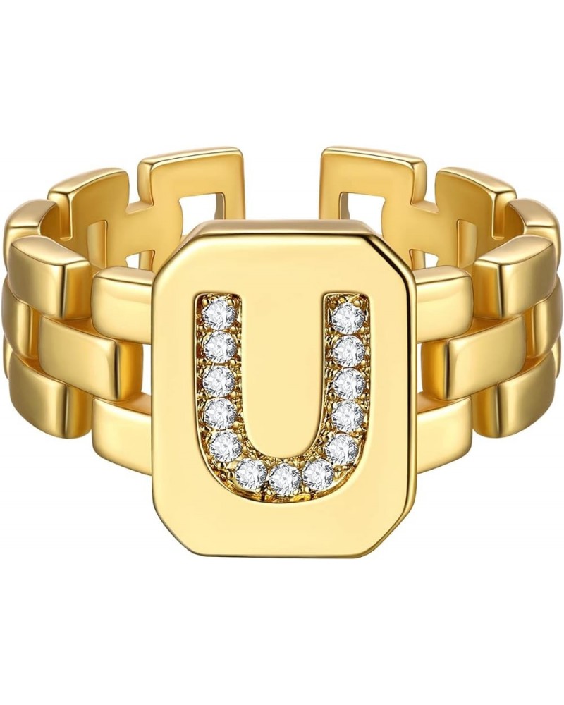 14K Gold Plated Initial Letter Ring for Women Adjustable Crystal Inlaid Alphabet A-Z Stackable Signet Rings U $9.88 Rings