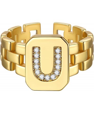 14K Gold Plated Initial Letter Ring for Women Adjustable Crystal Inlaid Alphabet A-Z Stackable Signet Rings U $9.88 Rings