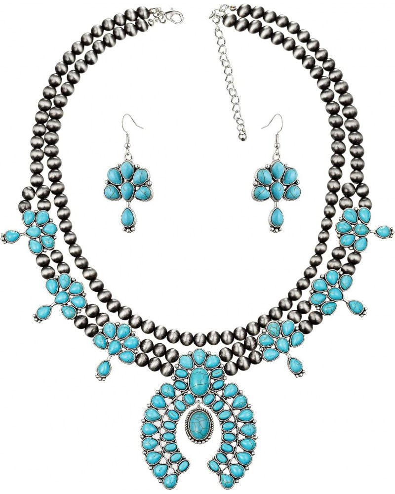 Vintage Metal Synthetic Turquoise Necklace Earrings Set Fashion Jewelry $16.68 Jewelry Sets