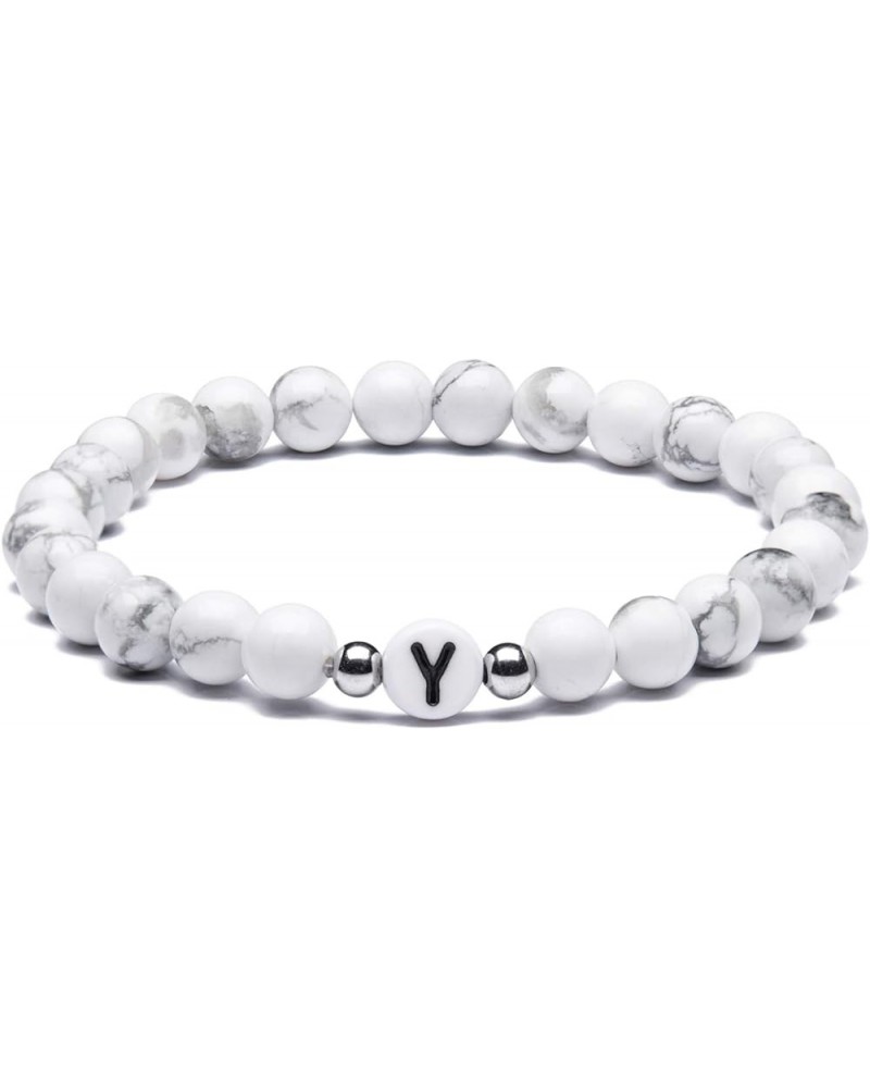 Name Bracelet Personalized Initial Letter for Women Men Couples Howlite Stone Healing Calming Yoga Stress Relief Elastic Y $8...