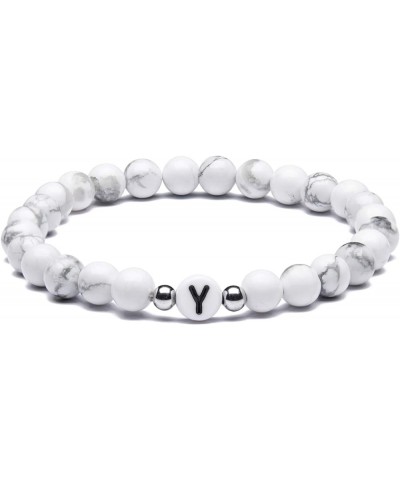 Name Bracelet Personalized Initial Letter for Women Men Couples Howlite Stone Healing Calming Yoga Stress Relief Elastic Y $8...