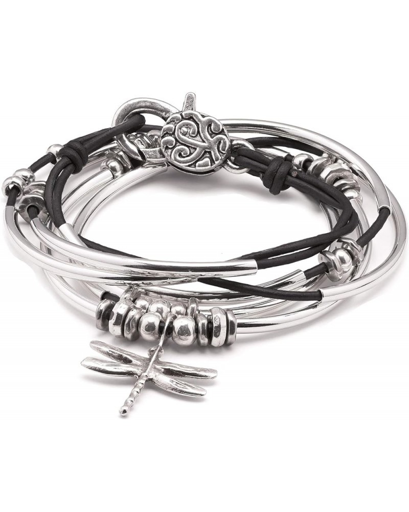 Dragonfly Charm Natural Black Leather and Silver Plate Wrap Bracelet Necklace XLARGE $40.25 Bracelets