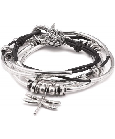 Dragonfly Charm Natural Black Leather and Silver Plate Wrap Bracelet Necklace XLARGE $40.25 Bracelets