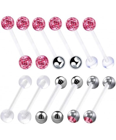 12pc Flexible Acrylic Bar Coated CZ Crystal Ball Barbell Tongue Ring Stud Nipple Body Piercing Jewelry Set Pink Suitable for ...