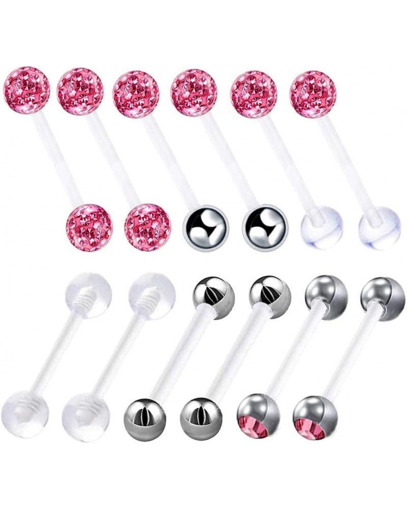 12pc Flexible Acrylic Bar Coated CZ Crystal Ball Barbell Tongue Ring Stud Nipple Body Piercing Jewelry Set Pink Suitable for ...