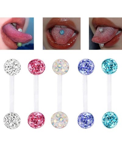 12pc Flexible Acrylic Bar Coated CZ Crystal Ball Barbell Tongue Ring Stud Nipple Body Piercing Jewelry Set Pink Suitable for ...