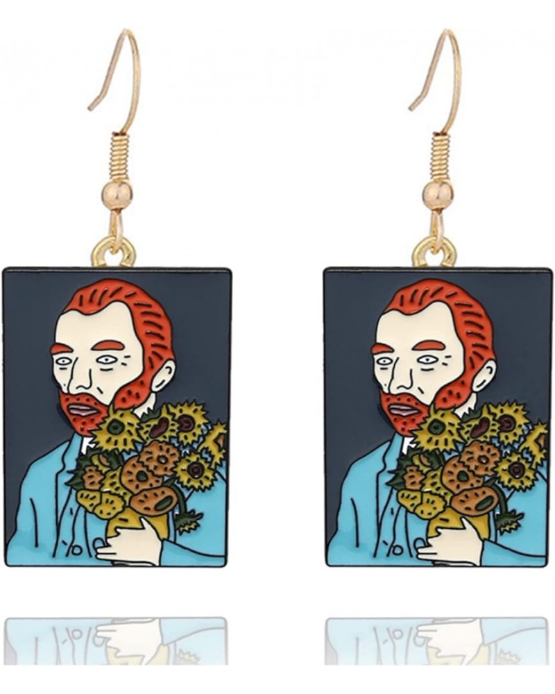 Van Gogh Earrings for Women Girls Unique Handmade Gold Plated Enamel Western Oil Painting Self Portrayal Starry Moon Sky Nigh...