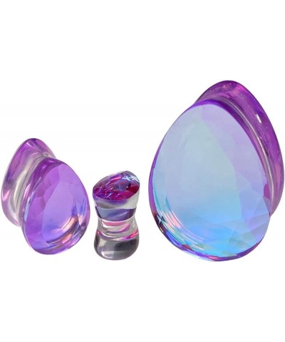 Pair of Purple Faceted Iridescent Glass Teardrop Double Flare Plugs (PG-589) 00g (10mm) $13.74 Body Jewelry