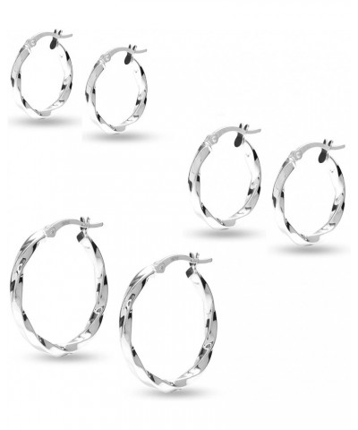 Charmsy SMALL Set of 3 Pairs 925 Sterling Silver Hoop Earrings Round Basic Classic Twisted Textured Hoop Earrings for Women T...