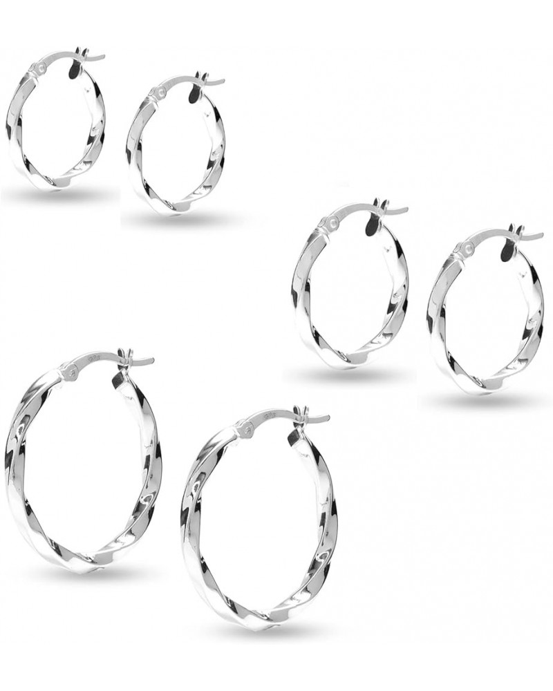 Charmsy SMALL Set of 3 Pairs 925 Sterling Silver Hoop Earrings Round Basic Classic Twisted Textured Hoop Earrings for Women T...