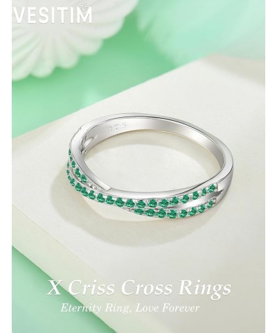 Stackable Ring for Women 925 Sterling Silver X Criss Cross Ring Wedding Eternity Band Birthstone Jewelry Size 5-10 05-emerald...