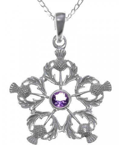 925 Sterling Silver Scottish Thistle & Real Amethyst Necklace - 25mm x 25mm Pendant with 18" Silver Chain and Jewelry Gift Bo...