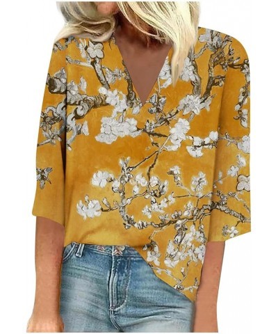 Womens Summer Tops 2024 V Neck 3/4 Length Sleeve Hide Belly T Shirts Printed Comfy Dressy Tees Relaxed Fit Blouses 2-yellow $...