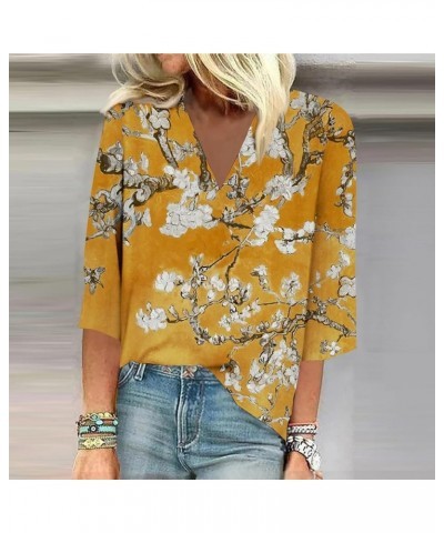 Womens Summer Tops 2024 V Neck 3/4 Length Sleeve Hide Belly T Shirts Printed Comfy Dressy Tees Relaxed Fit Blouses 2-yellow $...