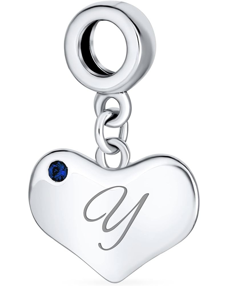 Personalized Script Initial Alphabet A-Z Simulated Blue Sapphire Crystal Accent Heart Shape Dangle Bead Charm .925 Sterling S...