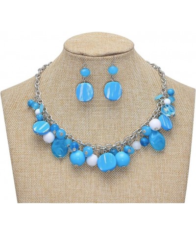 Women's Beaded Strand Statement Necklace Beads Collar N0002-Sky Blue $11.76 Necklaces