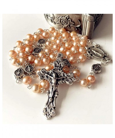 Handmade AAA6MM White Real Pearl Beads Catholic Our Lady Grace Rosary Cross Necklace Box case Womens Girls Gifts Pink $30.79 ...