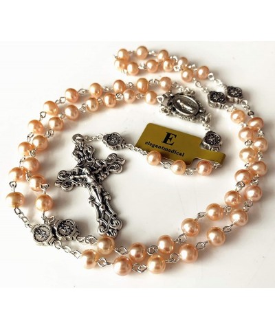 Handmade AAA6MM White Real Pearl Beads Catholic Our Lady Grace Rosary Cross Necklace Box case Womens Girls Gifts Pink $30.79 ...