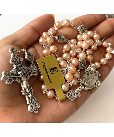 Handmade AAA6MM White Real Pearl Beads Catholic Our Lady Grace Rosary Cross Necklace Box case Womens Girls Gifts Pink $30.79 ...