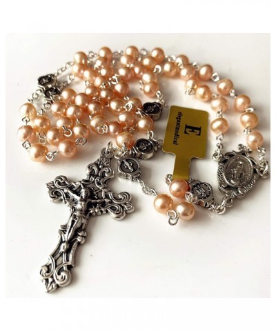 Handmade AAA6MM White Real Pearl Beads Catholic Our Lady Grace Rosary Cross Necklace Box case Womens Girls Gifts Pink $30.79 ...