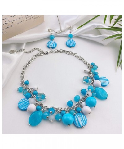 Women's Beaded Strand Statement Necklace Beads Collar N0002-Sky Blue $11.76 Necklaces