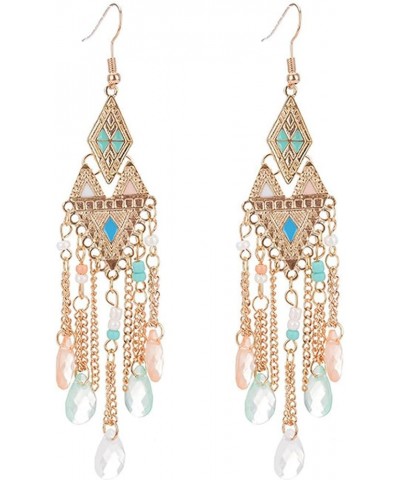 Crystal Beaded Long Tassel Dangle Drop Earrings Bohemian Gold Tassel Earrings Vintage Ethnic Style Beaded Chain Earrings Colo...