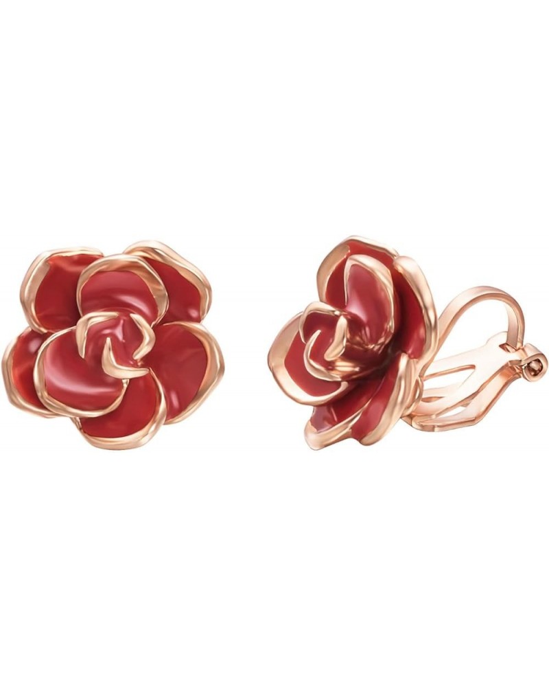 Rose Flower Clip on Earrings for Women 18K Gold Plated Dainty Non Pierced Ears Jewelry Gifts for Valentine's Day Red Rose Flo...