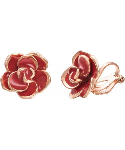 Rose Flower Clip on Earrings for Women 18K Gold Plated Dainty Non Pierced Ears Jewelry Gifts for Valentine's Day Red Rose Flo...