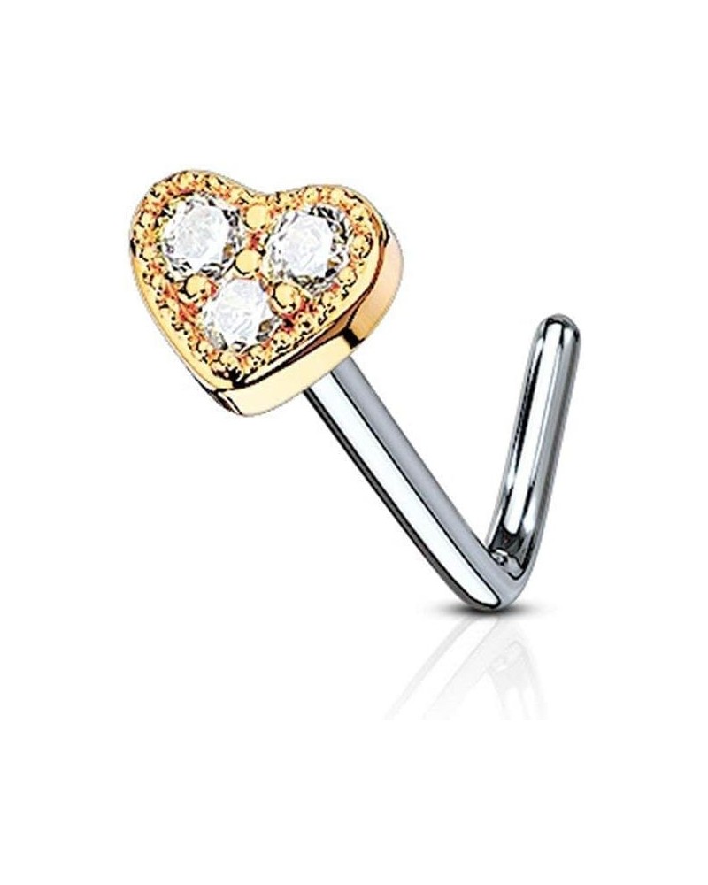 3 CZ Paved Heart 316L Surgical Steel L Bend Nose Stud Rings Rose Gold/Clear $9.85 Body Jewelry