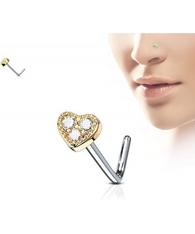 3 CZ Paved Heart 316L Surgical Steel L Bend Nose Stud Rings Rose Gold/Clear $9.85 Body Jewelry