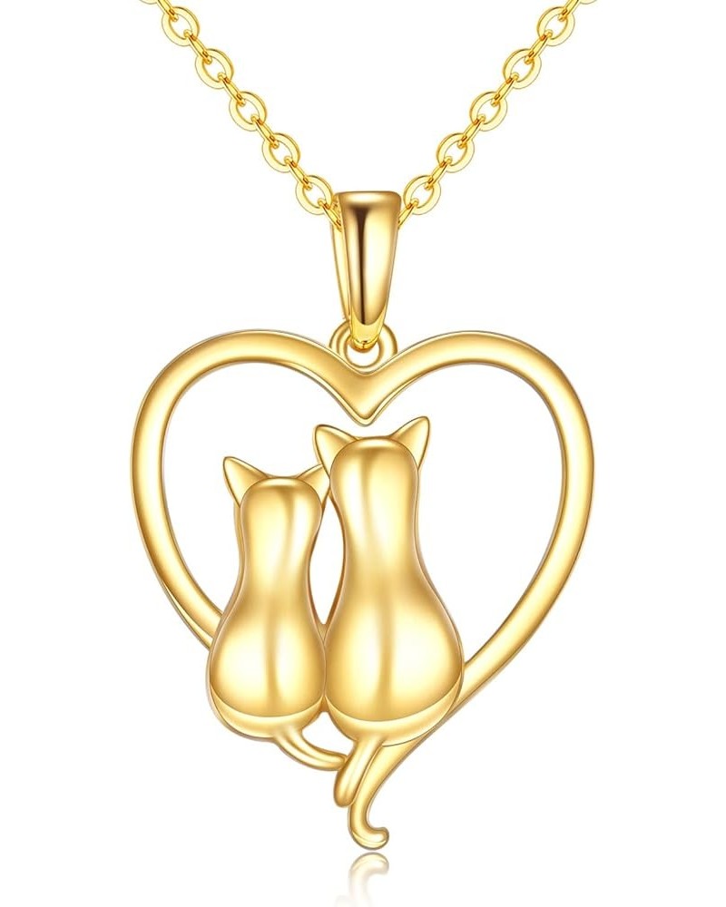 Cat Gifts Necklace for Women 14K Yellow Gold Love Heart Cat Pendant Necklace Fine Solid Gold Cats Jewelry Valentine's Day Mot...