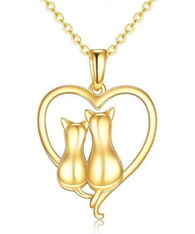 Cat Gifts Necklace for Women 14K Yellow Gold Love Heart Cat Pendant Necklace Fine Solid Gold Cats Jewelry Valentine's Day Mot...