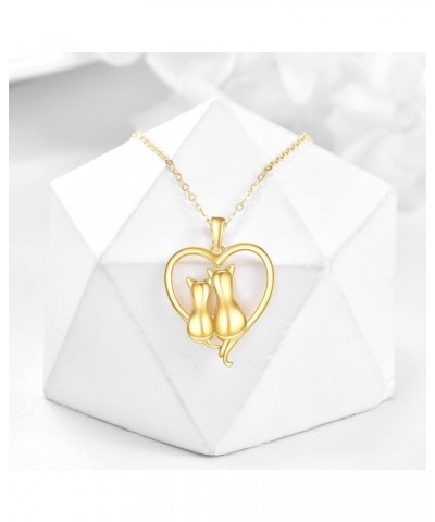 Cat Gifts Necklace for Women 14K Yellow Gold Love Heart Cat Pendant Necklace Fine Solid Gold Cats Jewelry Valentine's Day Mot...