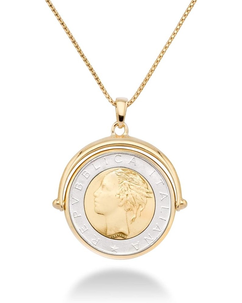 18K Gold Over 925 Sterling Silver Italian Genuine 500-Lira Reversible Flip Coin Pendant Chain Necklace for Women, Chain Medal...