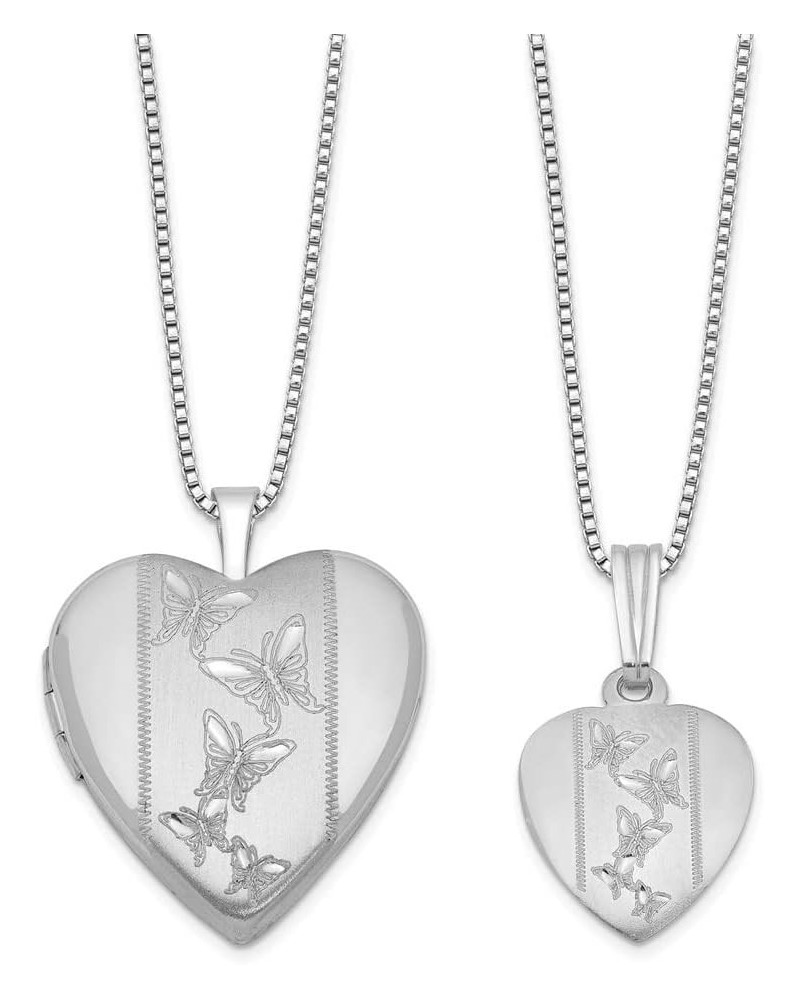 925 Sterling Silver Rhodium-Plated Polished and Satin Butterfly Heart Locket Necklace and 14in Pendant Necklace Set for Women...