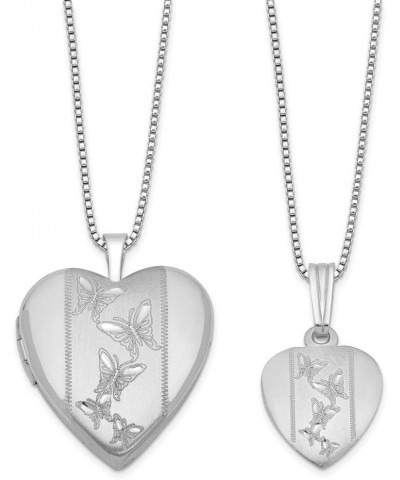 925 Sterling Silver Rhodium-Plated Polished and Satin Butterfly Heart Locket Necklace and 14in Pendant Necklace Set for Women...