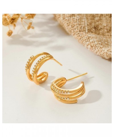 Gold Hoop Earrings for Women 14K Gold Plated Open C Shape Thick Double Hoop Earrings Hypoallergenic Lightweight Earrings for ...