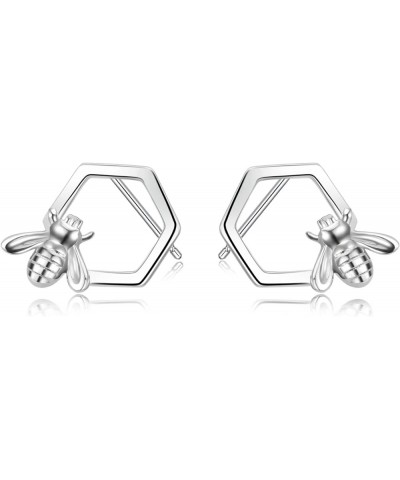 Honeycomb with Bee Stud Earrings 925 Sterling Silver Beehive and Bee Earrings for Women silver $14.55 Earrings