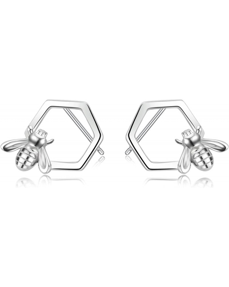 Honeycomb with Bee Stud Earrings 925 Sterling Silver Beehive and Bee Earrings for Women silver $14.55 Earrings