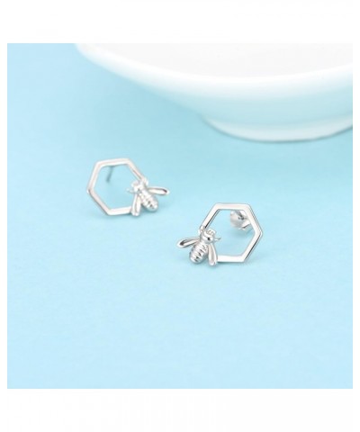 Honeycomb with Bee Stud Earrings 925 Sterling Silver Beehive and Bee Earrings for Women silver $14.55 Earrings