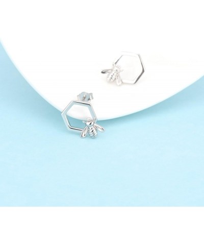 Honeycomb with Bee Stud Earrings 925 Sterling Silver Beehive and Bee Earrings for Women silver $14.55 Earrings