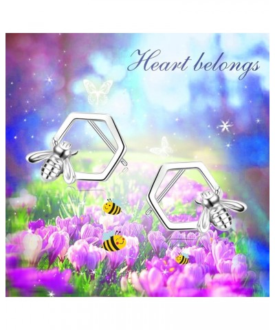 Honeycomb with Bee Stud Earrings 925 Sterling Silver Beehive and Bee Earrings for Women silver $14.55 Earrings