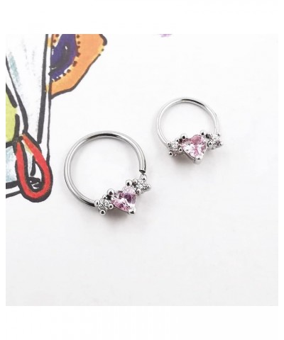 1Pc 18G 20G Small Heartshaped Noserings Hoop Tiny Pink Cubic Zirconia ThreeHearts Assemble 316L Surgical Stainless Steel Nost...