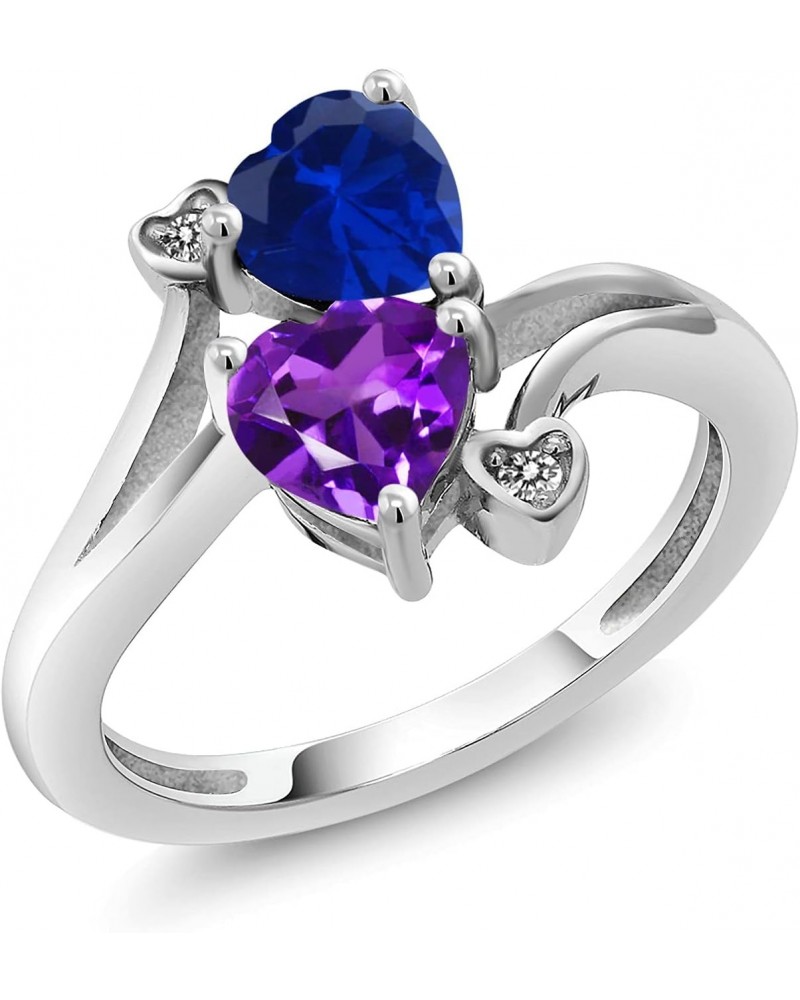 925 Sterling Silver Blue Created Sapphire Purple Amethyst and White Diamond Ring For Women (1.48 Cttw, Heart Shape 6MM, Gemst...