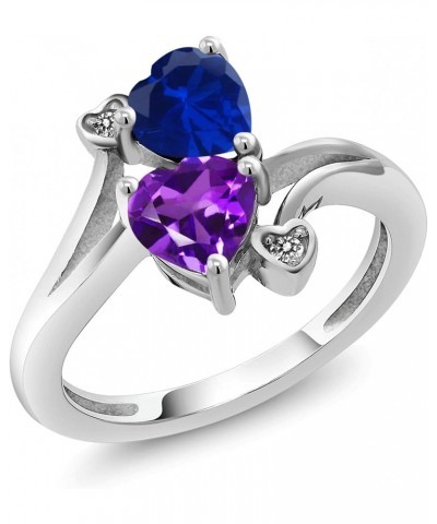 925 Sterling Silver Blue Created Sapphire Purple Amethyst and White Diamond Ring For Women (1.48 Cttw, Heart Shape 6MM, Gemst...