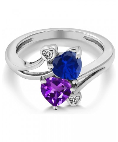 925 Sterling Silver Blue Created Sapphire Purple Amethyst and White Diamond Ring For Women (1.48 Cttw, Heart Shape 6MM, Gemst...