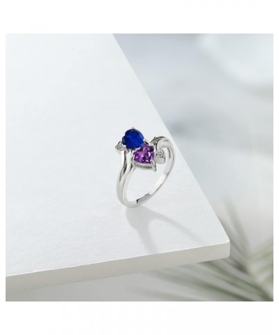 925 Sterling Silver Blue Created Sapphire Purple Amethyst and White Diamond Ring For Women (1.48 Cttw, Heart Shape 6MM, Gemst...